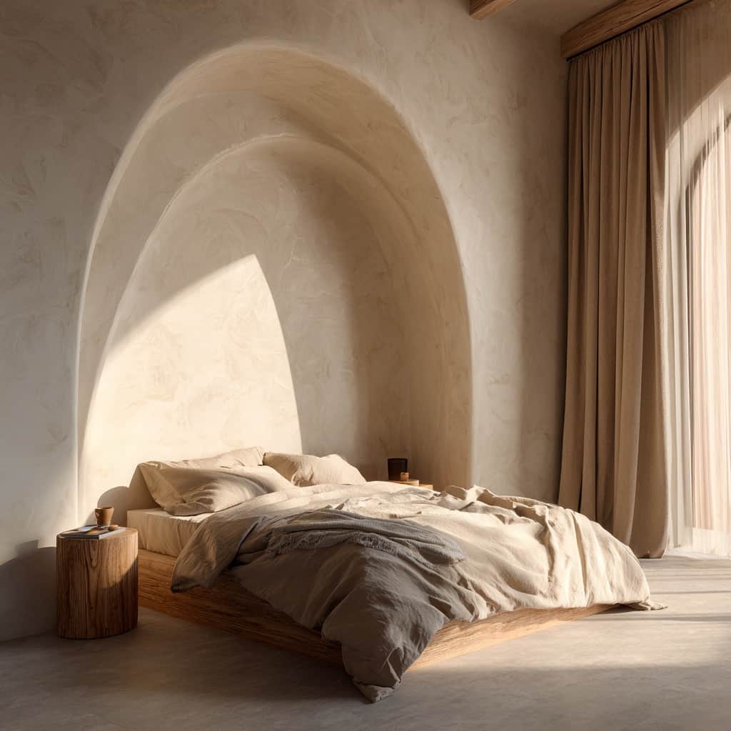 Serene bedroom retreat with subtle microcement walls in neutral beige tones creating peaceful atmosphere - Saudi Arabia