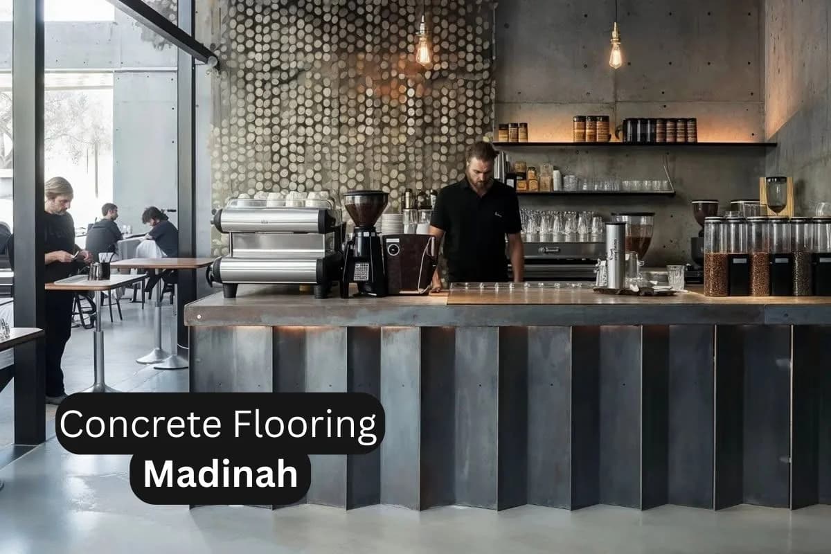 Polished concrete flooring in a stylish modern café with industrial interior design in Madinah, Saudi Arabia
