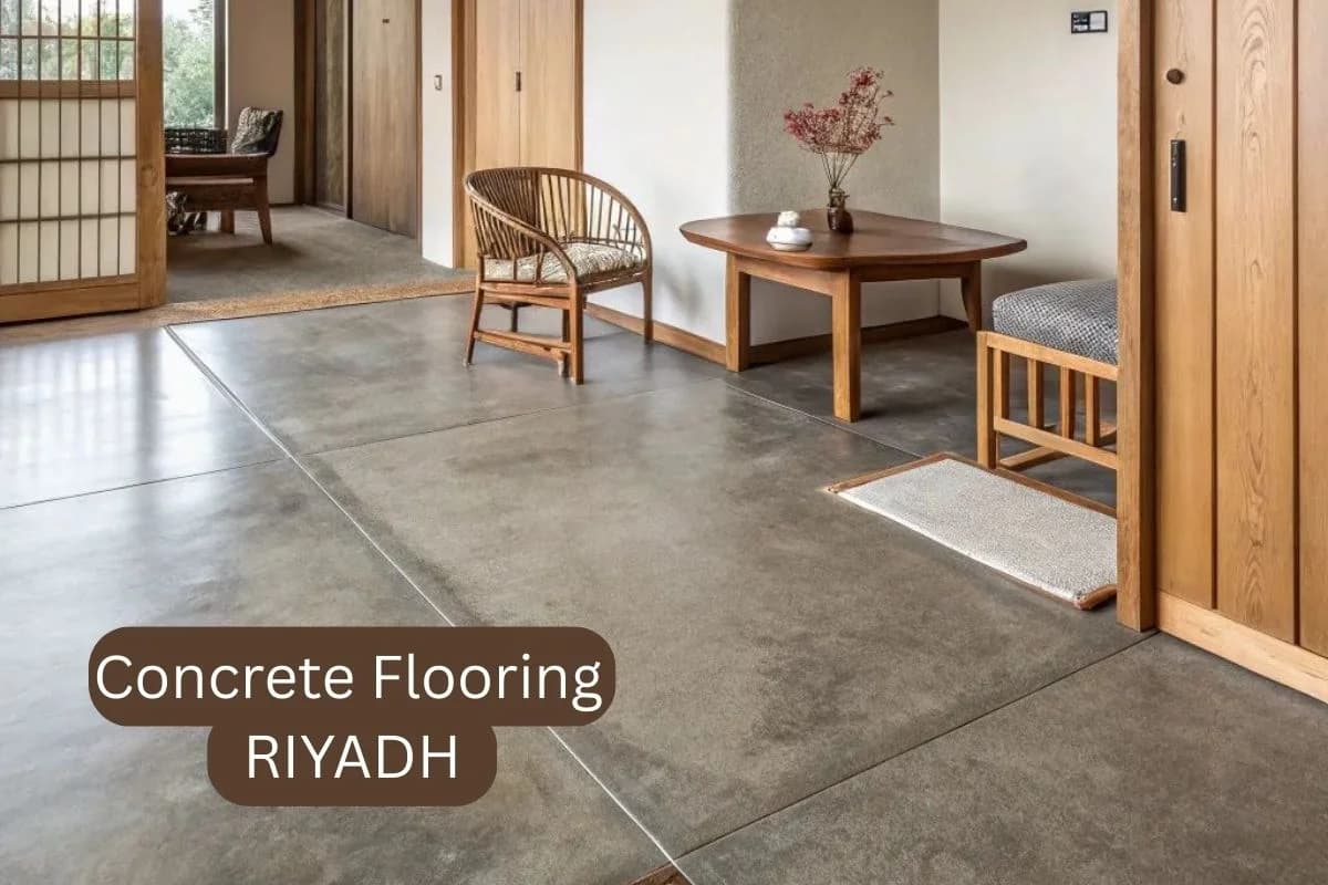 Durable concrete flooring in a modern Riyadh living room, Saudi Arabia