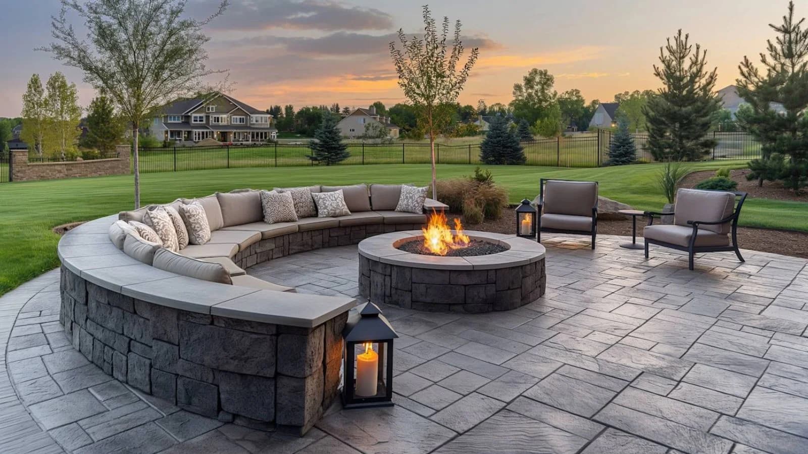 Outdoor stamped concrete patio with round firepit seating in Saudi Arabia by Floroz artisans