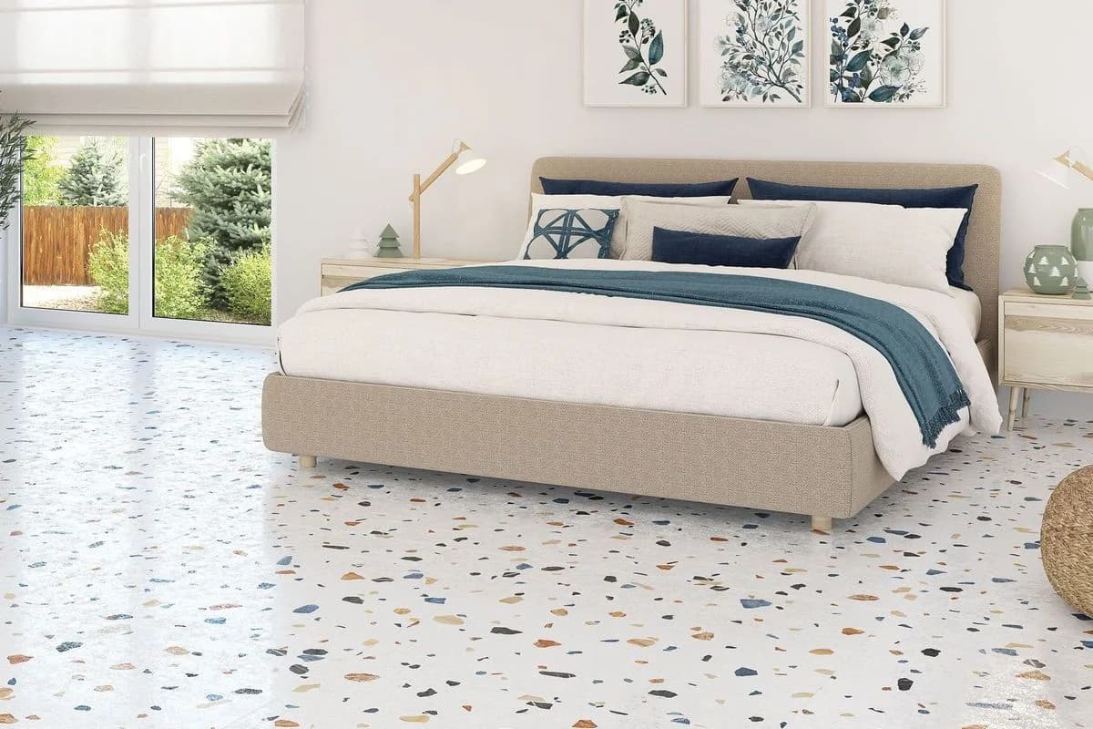 Modern bathroom interior with decorative terrazzo flooring and wall finish in Jeddah, Saudi Arabia by Floroz