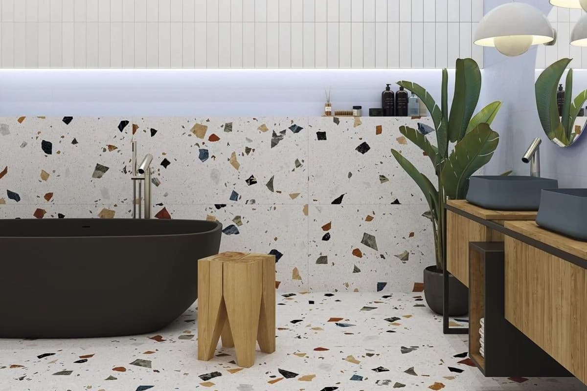 Bedroom interior featuring glossy terrazzo flooring with colorful marble chips in Makkah, Saudi Arabia by Floroz