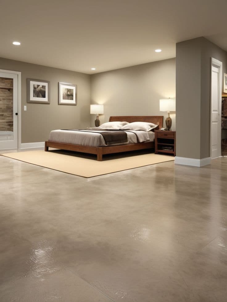 Spacious contemporary bedroom featuring a smooth, warm-tinted polished concrete floor.