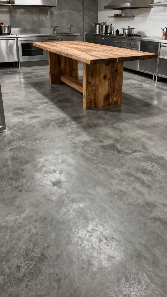 Commercial industrial kitchen featuring a durable, high-gloss polished concrete floor and wooden table.