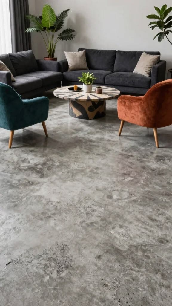Modern living room area highlighting a raw, mottled grey polished concrete floor with vibrant seating.