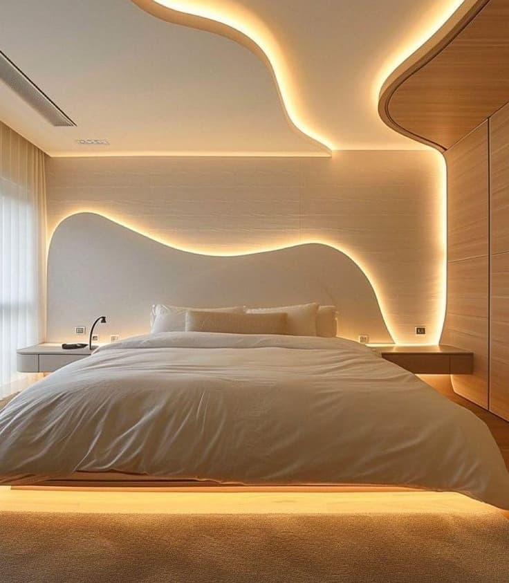 Curved gypsum board ceiling installation in a luxury hotel lobby with indirect LED lighting