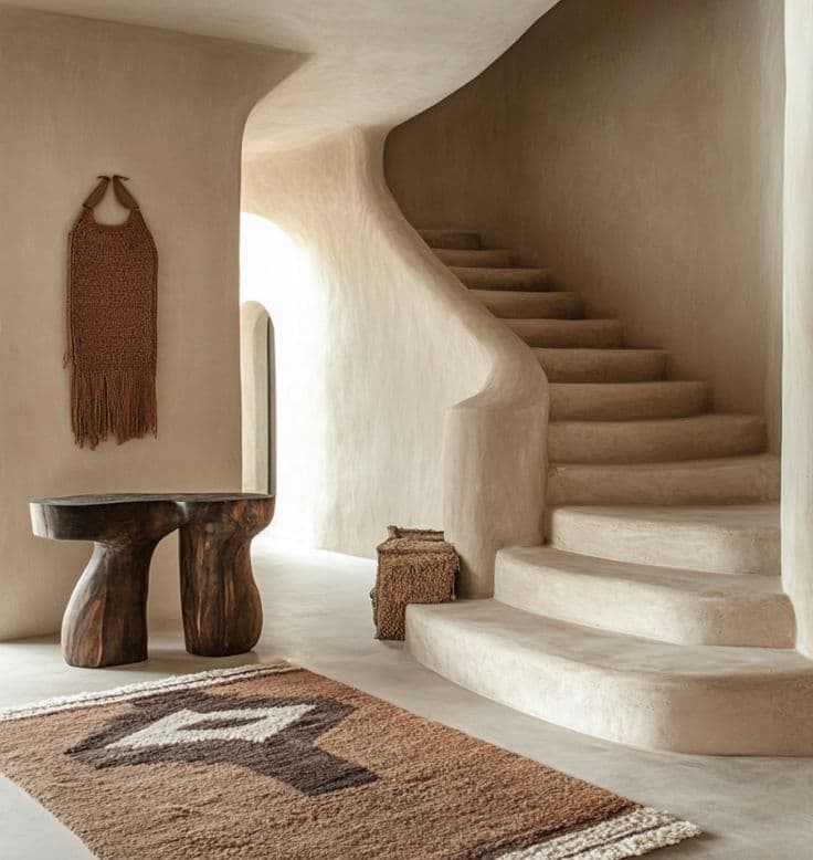 Hand-troweled architectural microcement staircase with organic monolithic curves