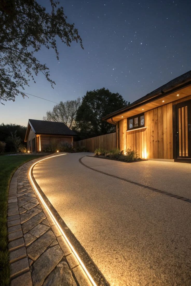 Golden quartz resin-bound permeable driveway at a luxury residence showing high-clarity binder and aggregate detail