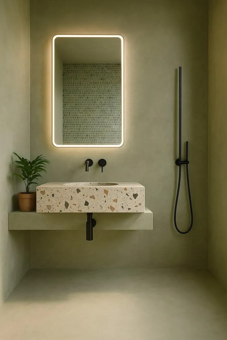 Unique Sage Green microcement bathroom finish with a polished mineral surface and integrated minimalist lighting.