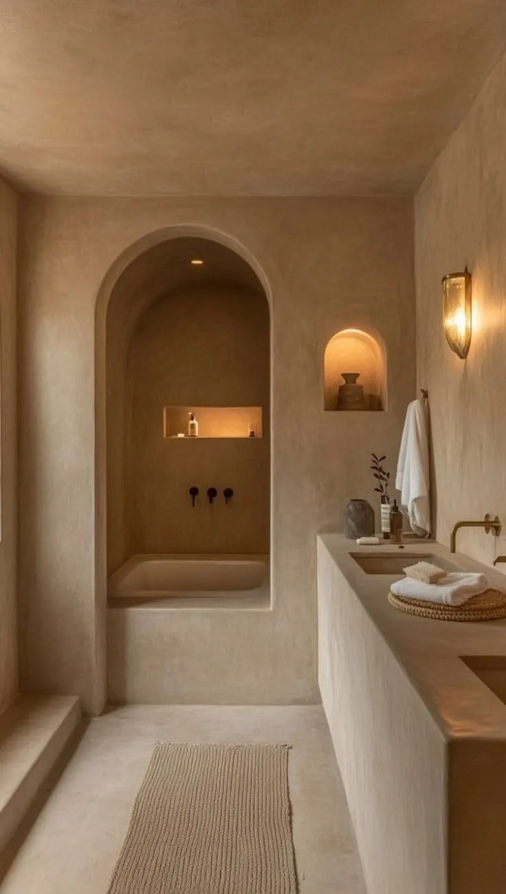 Close-up of a hand-troweled microcement wall finish with a chrome faucet, showcasing the unique artisanal texture.