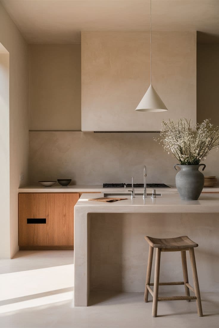 Minimalist Riyadh kitchen featuring a seamless microcement island and matching splashback for a monolithic look.