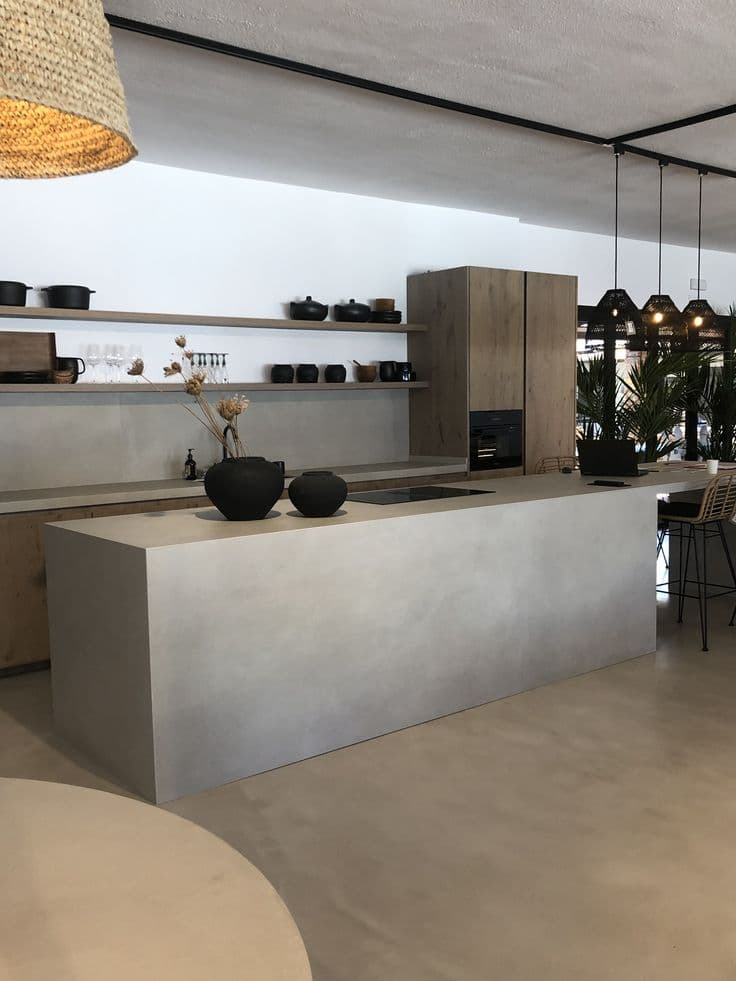 Industrial-style kitchen featuring a monolithic grey microcement island with an integrated cooktop.