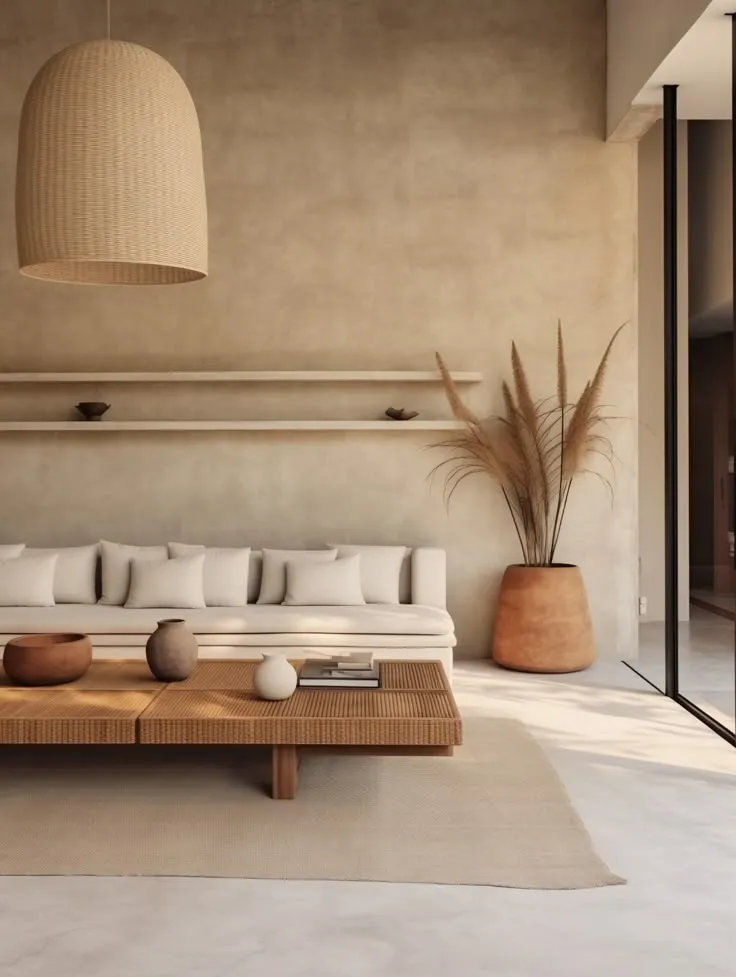 Seamless beige microcement finish applied to a custom curved wall niche with a built-in recessed wooden shelf, highlighting expert craftsmanship.