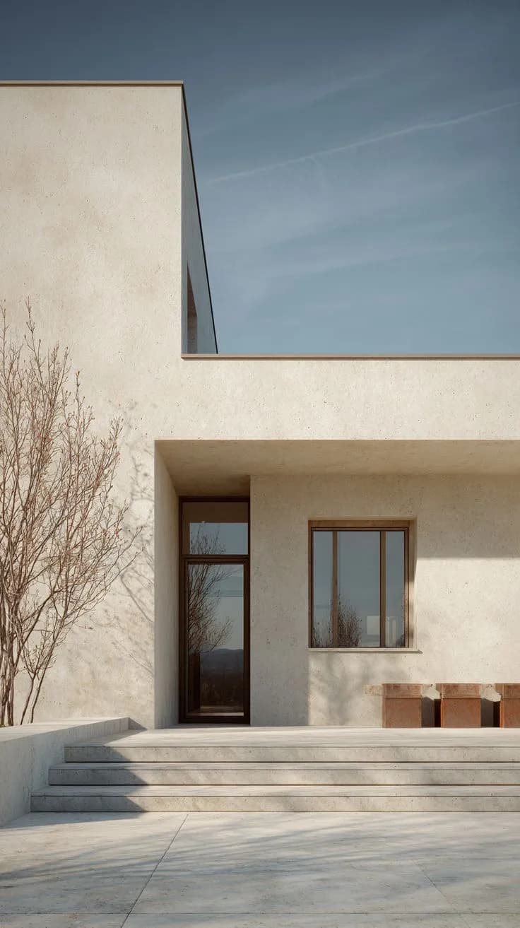 Modern exterior facade of a luxury Riyadh villa finished with durable and UV-stable microcement in a natural sand tone.
