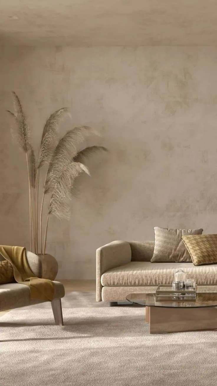 Minimalist living room in Riyadh featuring warm beige microcement walls with a seamless mineral finish.
