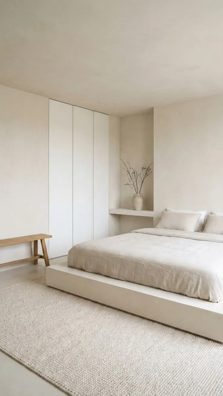 Minimalist bedroom retreat featuring a microcement feature wall with a recessed shelf.