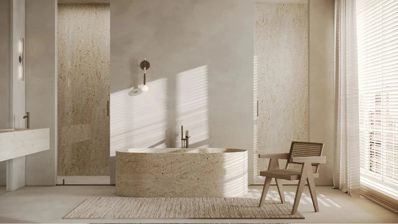 تصميم حمام بسيط وأنيق باستخدام الميكروسيمنت بلون بيج فاتح