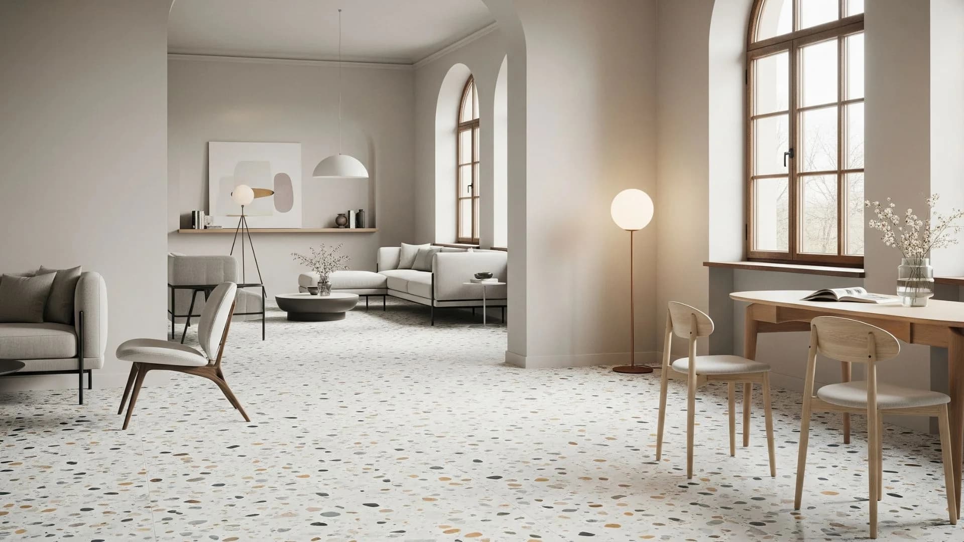 Light terrazzo flooring in a modern beige living room with Scandinavian furniture and large arched windows in Riyadh, Saudi Arabia by Floroz terrazzo specialists