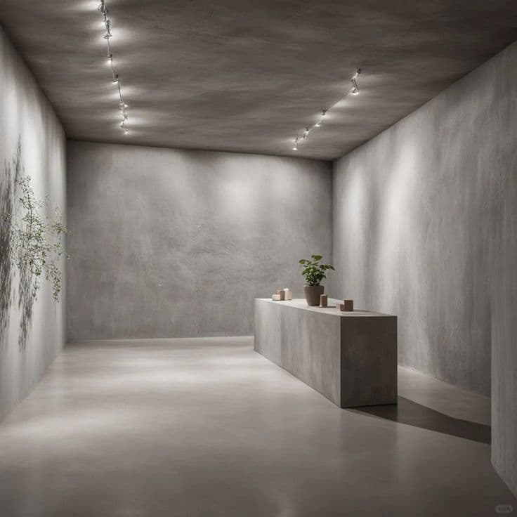 Minimalist concrete interior in Riyadh featuring microcement flooring, modern industrial design with plants, trusted by 87% of developers for desert heat durability