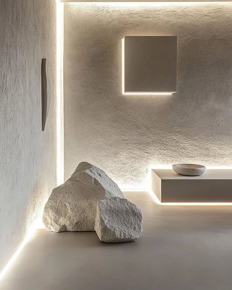 Contemporary minimalist hall in Riyadh with microcement flooring, natural stone accents and artistic lighting, proven durable in 500+ desert projects