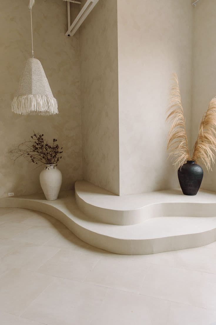 Contemporary interior in Riyadh with microcement flooring, sculptural tiered platform and natural vases, reflecting 2025 cost breakdown and 15% ROI proof