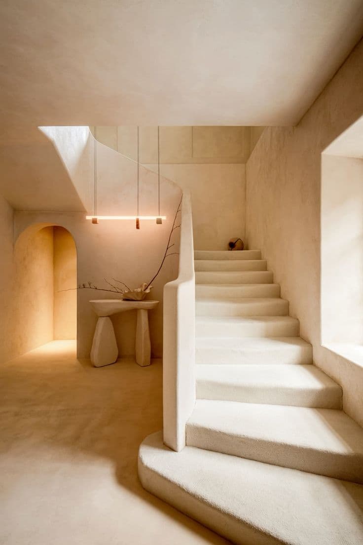 Modern interior in Riyadh with microcement flooring, sculptural staircase and minimalist console table, reflecting 2025 price breakdown and 15% ROI proof