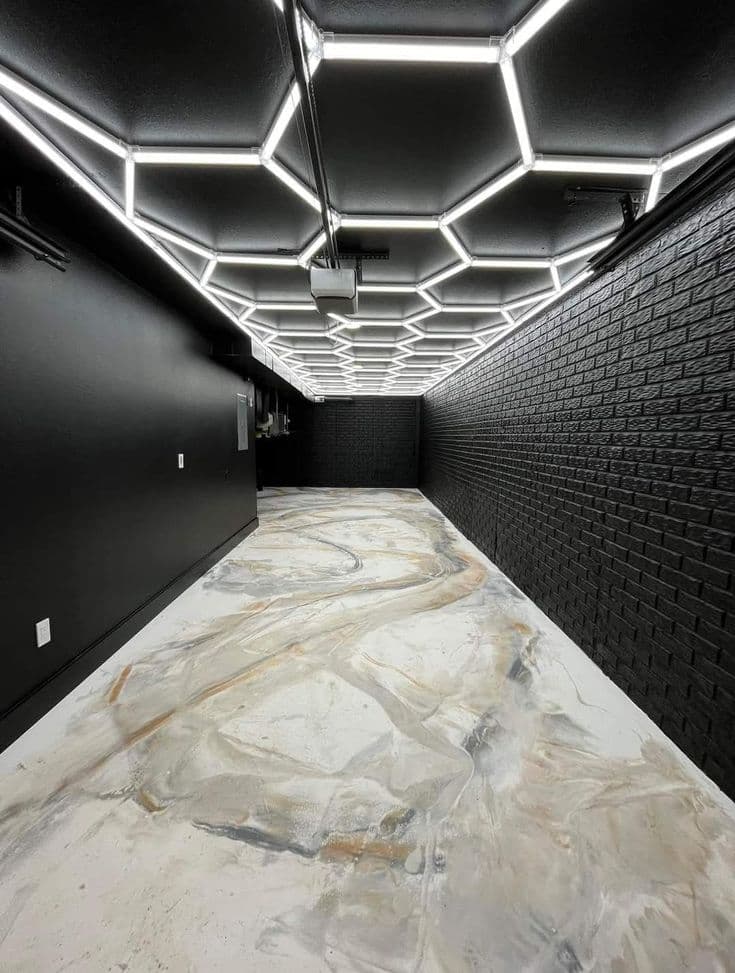 Seamless metallic marble-effect industrial epoxy flooring installation in Riyadh, demonstrating high-load capacity and aesthetic durability.