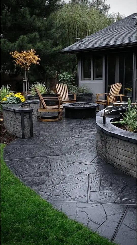 Ashlar slate stamped concrete pool surround with anti-slip texture and integral grey pigment