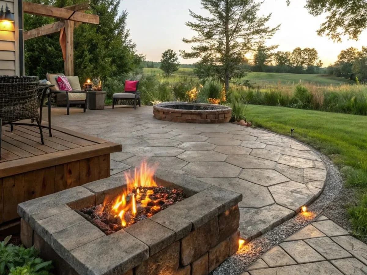 Cobblestone-pattern stamped concrete driveway with integral buff pigment at a Riyadh villa