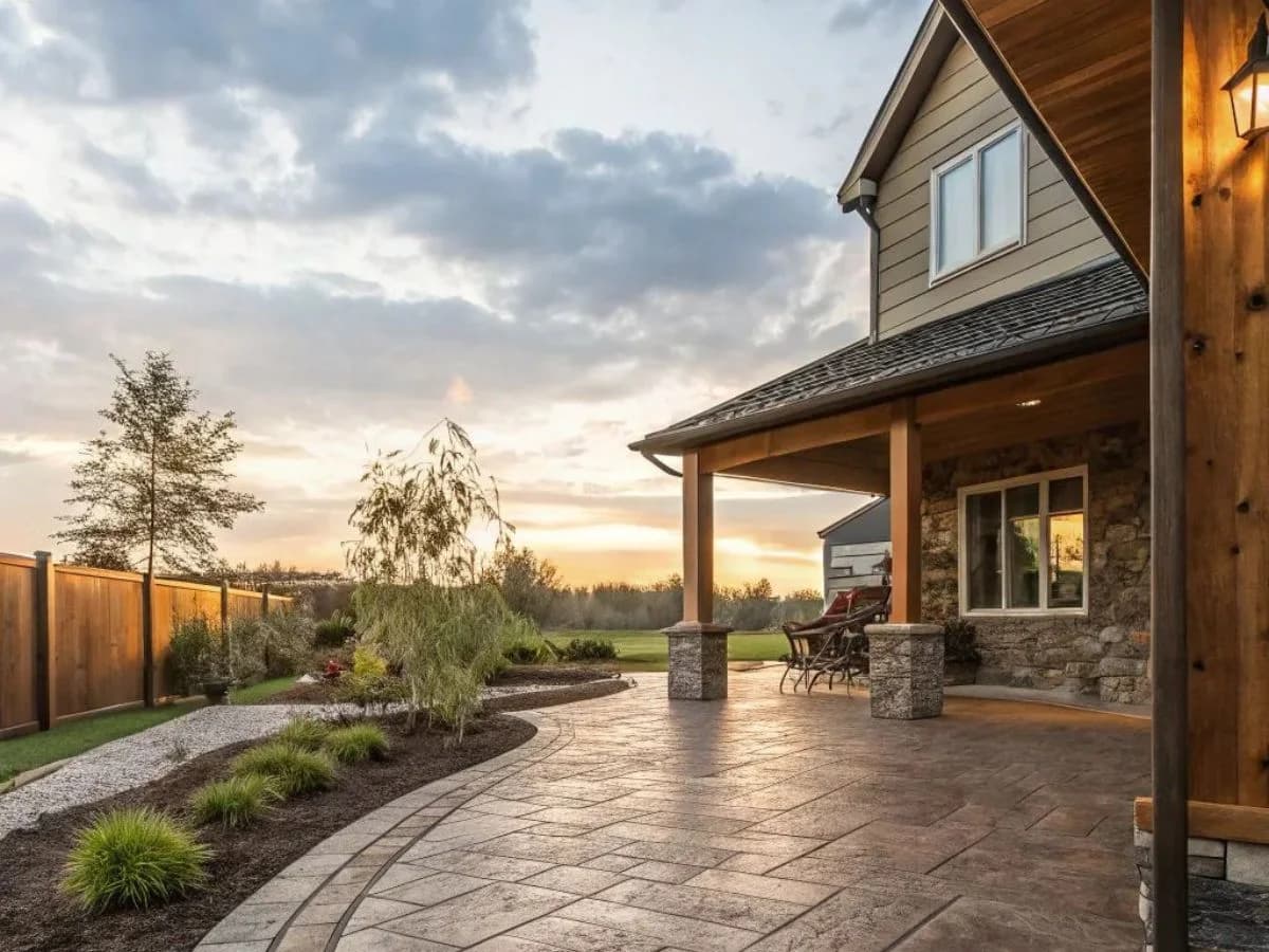 Wood plank pattern stamped concrete outdoor seating area with cedar-tone integral pigment