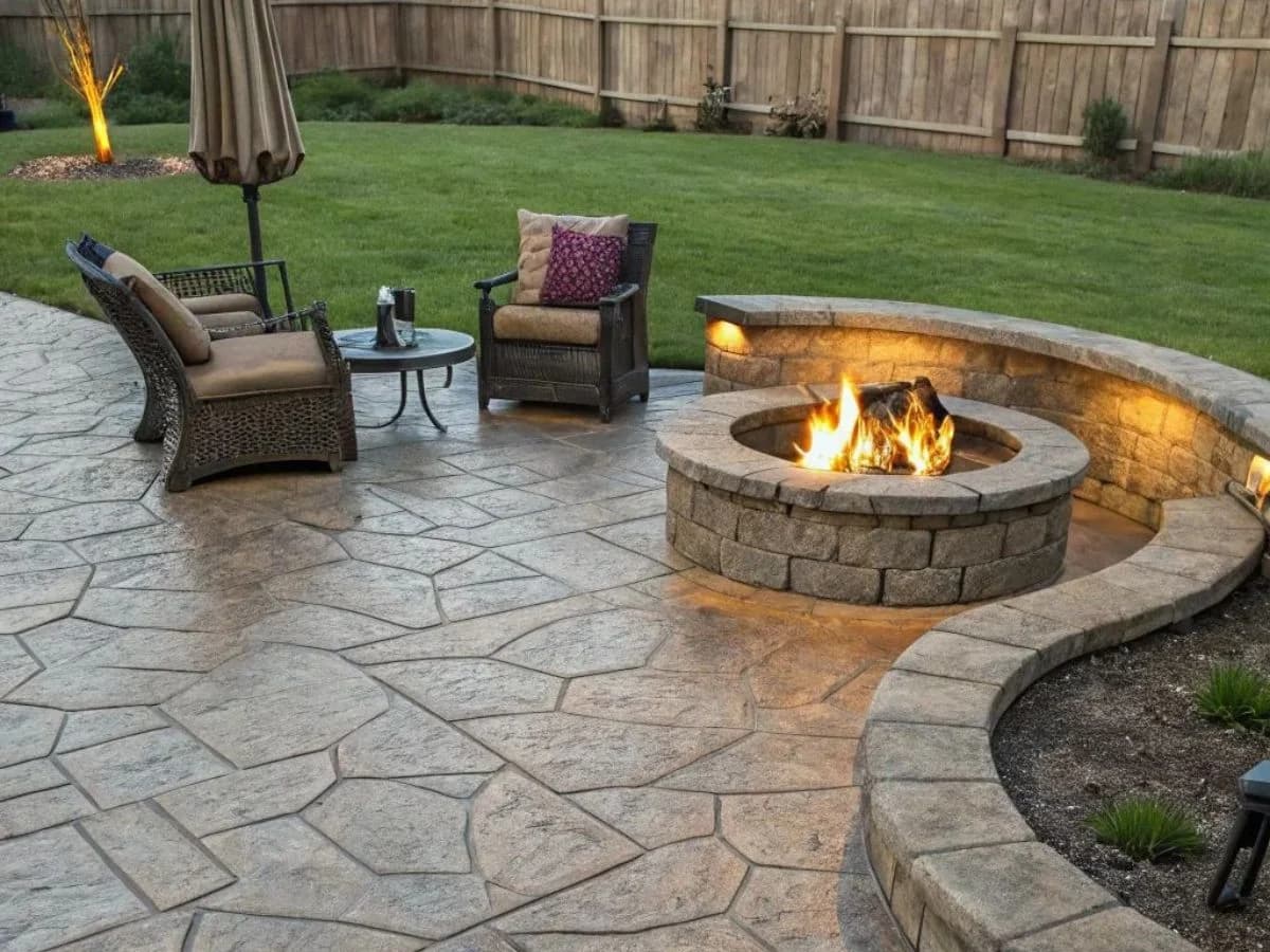 Herringbone brick-pattern stamped concrete courtyard with terracotta integral colour