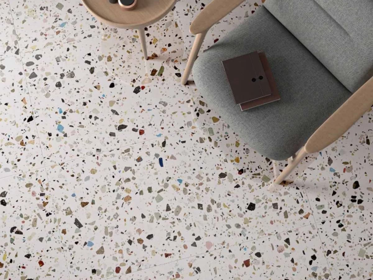 Custom coloured aggregate terrazzo in a residential master bathroom