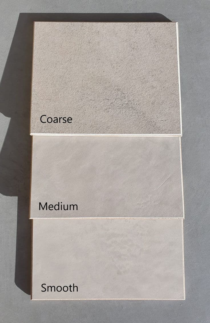 Three distinct microcement floor textures—Coarse, Medium, and Smooth.