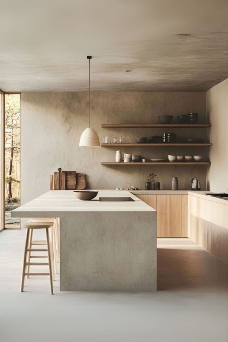 Modern Jeddah kitchen with an expansive microcement countertop and integrated shelving in a warm mineral tone.