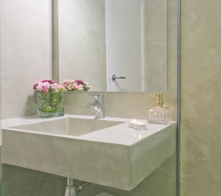 Modern bathroom renovation in Riyadh with elegant marble countertop, contemporary fixtures, and luxury finishing by Riyadh Floors