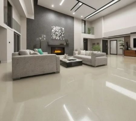 Commercial epoxy flooring installation in Saudi Arabia with colorful modern chairs demonstrating durability and aesthetic appeal for high-traffic areas