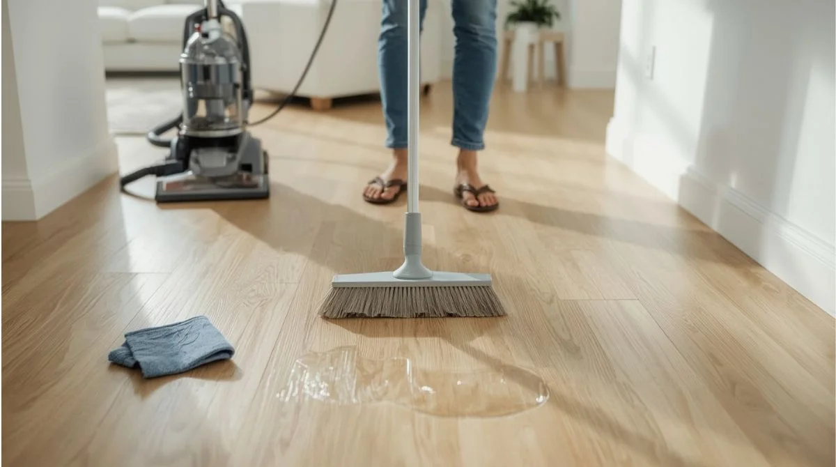 Person sweeping and spot-cleaning a laminate floor with soft tools. 