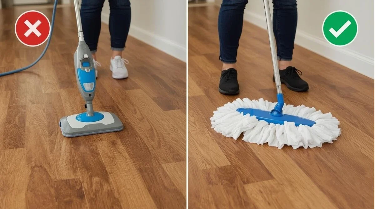 Damaged laminate floor from harsh cleaners vs. safe cleaning tools.