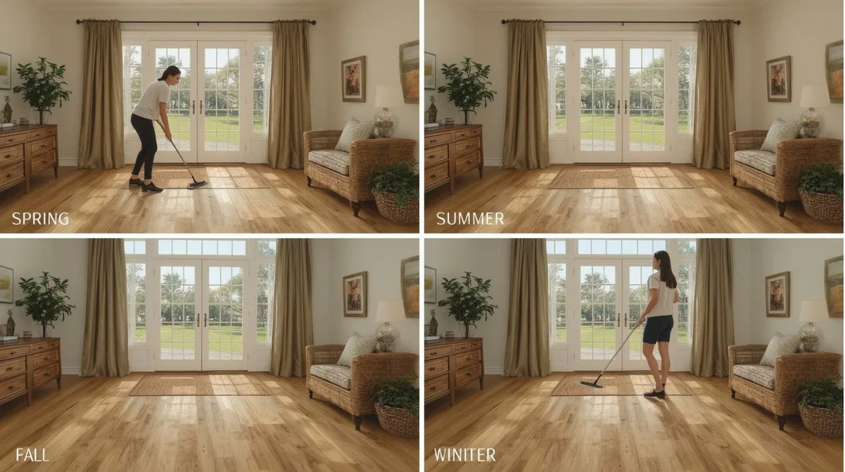 Seasonal laminate floor care with cleaning, mats, and humidity control.
