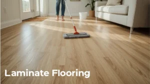 Person cleaning laminate flooring with microfiber mop in bright living room