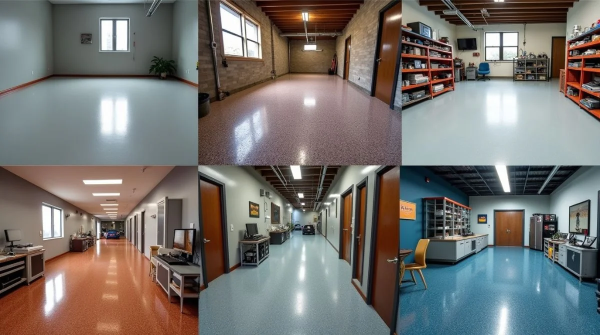 Six realistic epoxy flooring types shown in different settings, each with distinct textures and finishes—smooth, rough, speckled, gritty, matte, and metallic