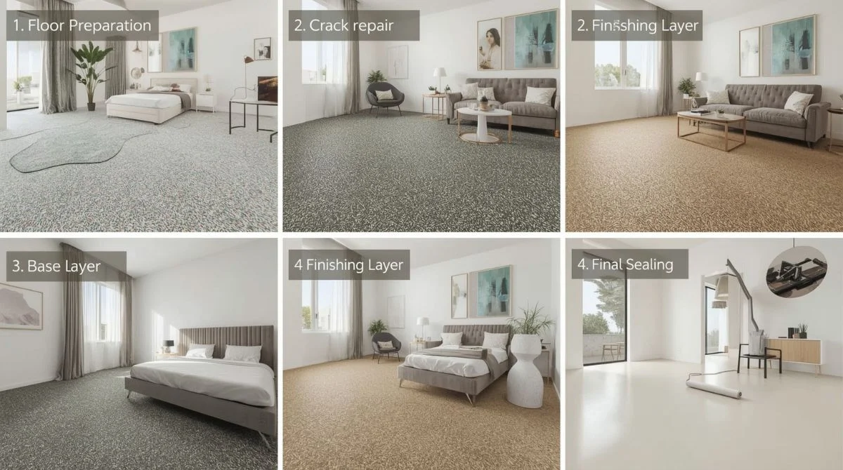 Step-by-step microcement flooring installation process in a modern Saudi home.