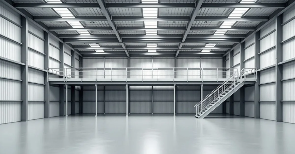Steel mezzanine floor inside a modern warehouse with stairs and storage racks