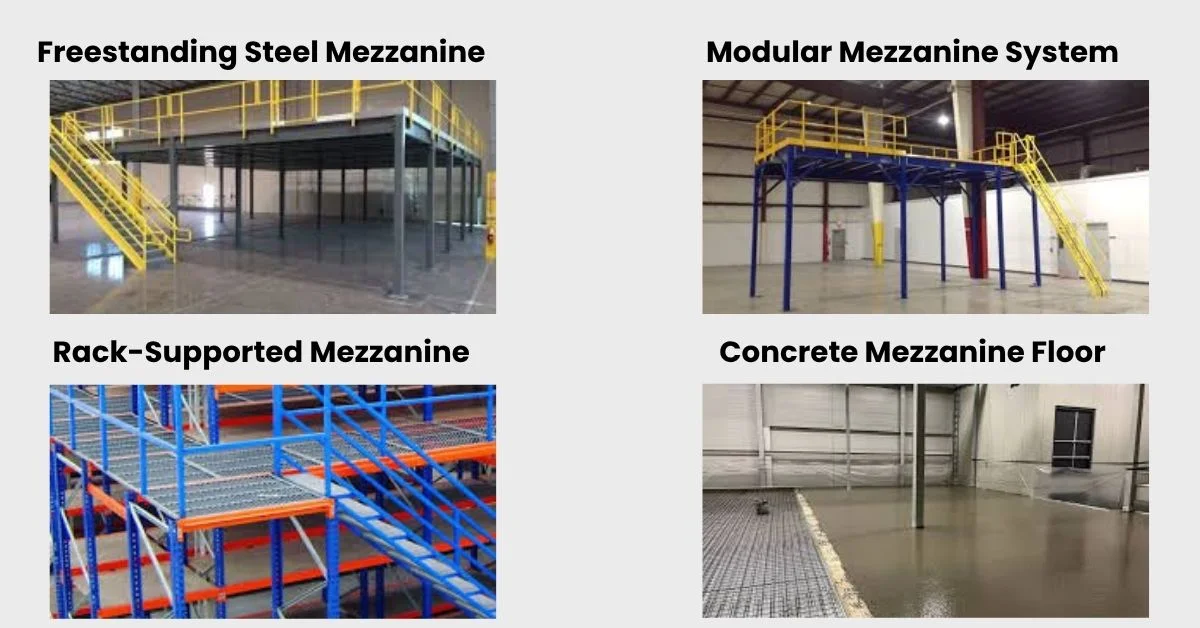 Infographic showing four types of mezzanine floors: freestanding, rack-supported, modular, and concrete