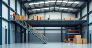 Steel mezzanine floors inside a modern warehouse with stairs and storage racks.