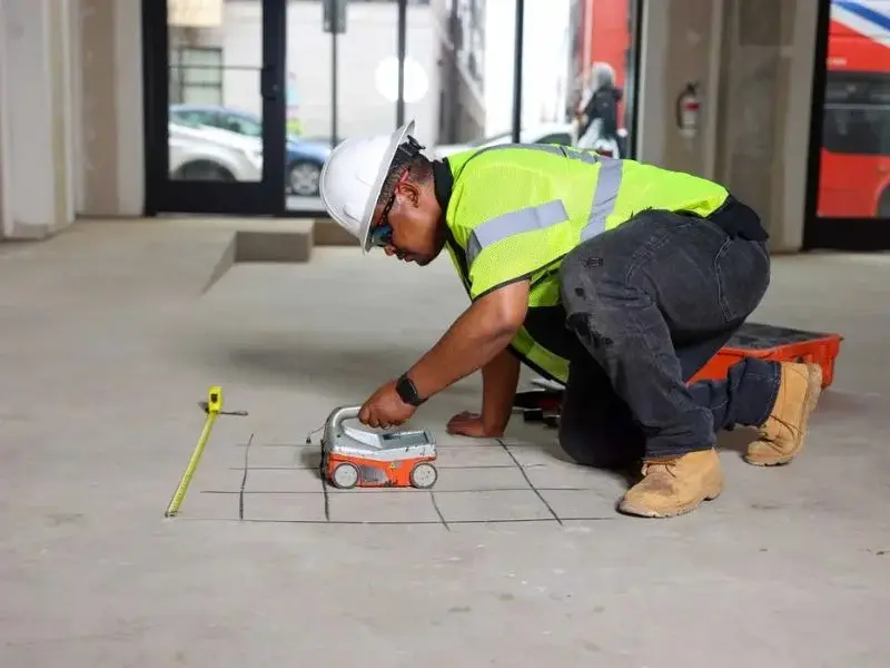 Digital profiler mapping an existing concrete slab for flatness before grinding begins