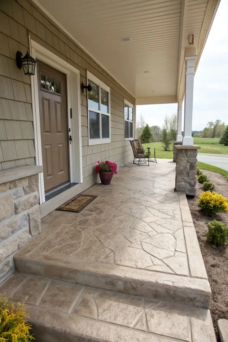 Correctly installed stamped concrete surface with flagstone pattern — site was drainage-assessed before the pour was authorised