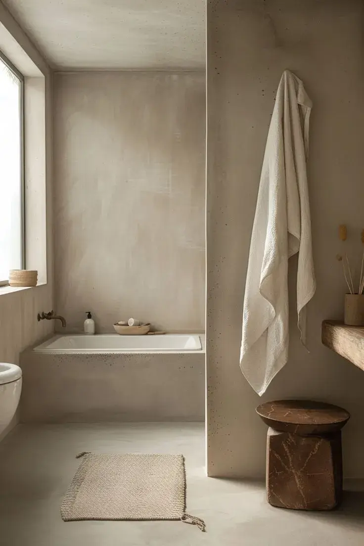 Mist White microcement bathroom finish with bright seamless mineral texture and gold fixtures.