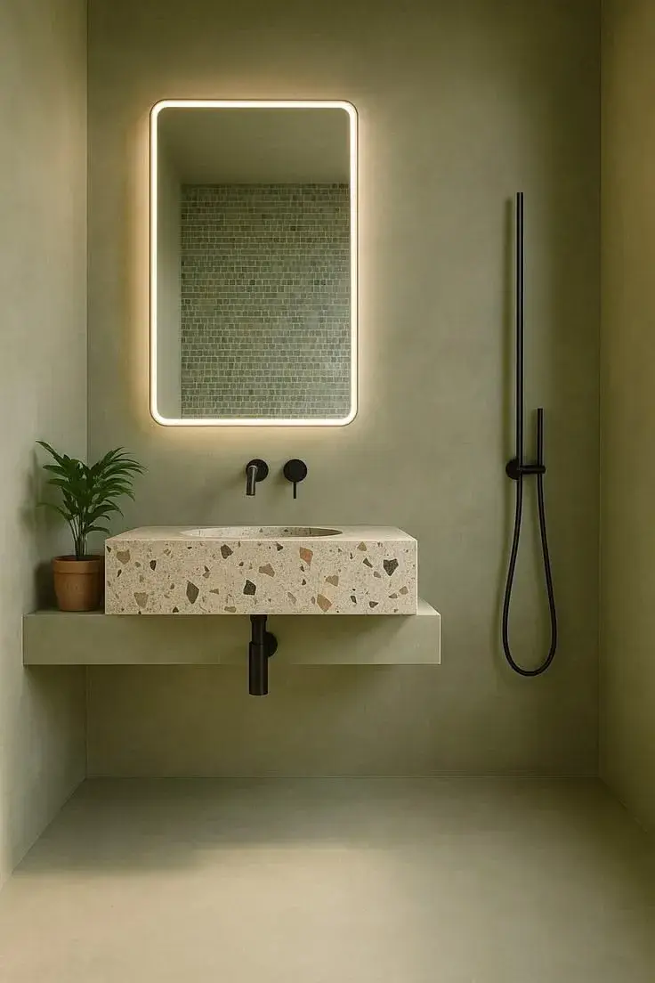 Sage mineral microcement bathroom finish with a polished surface and integrated minimalist lighting.