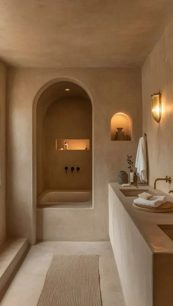 Close-up of hand-troweled microcement wall finish in a bathroom showing the unique artisanal mineral texture.